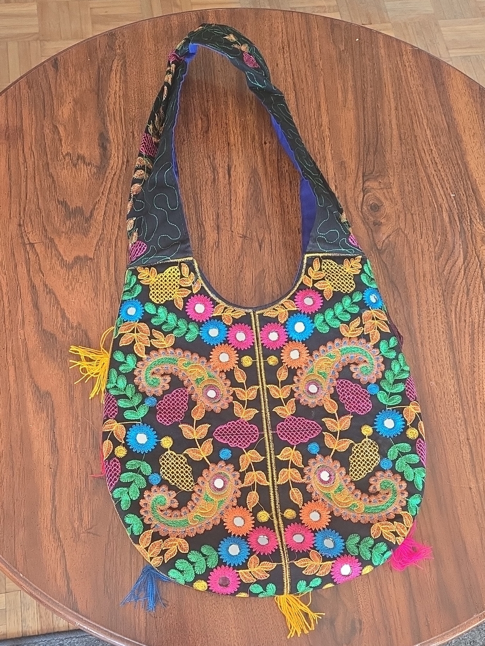 Embroidered Mexican Floral Hobo Shoulder Bag - Black Multicolor